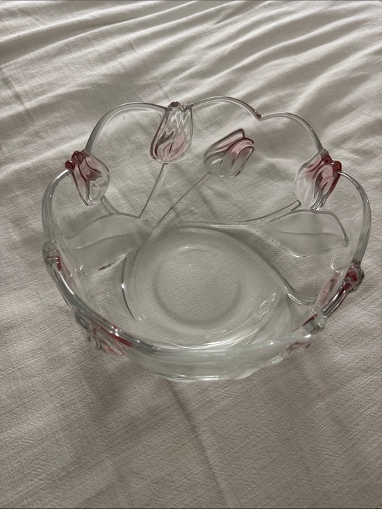 Mikasa Other - Mikasa Clear Glass Decorative Bowl with Pink Tulip Accents